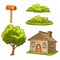 Illustration of a house, tree, bushes