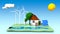 Illustration of a house,wind turbines,solar panels on a green sq