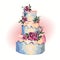 Illustration household items big beautiful cake decorated with flowers. Cute little romantic pictures with flowers