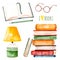 Illustration with a huge pile of books,lamp,open book,pencil and glasses