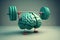 Illustration of a human brain with dumbbells. Fitness and mental load for the mind. Generative ai