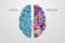 Illustration of a human brain, top view. Different halves of the human brain. The creative half and logical half of the human mind