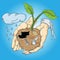 illustration human hand holding a sprouting plant among the debris