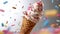 An illustration of an ice cream cone with hundreds and thousands sprinkles falling on it against a white background.