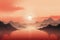 illustration idyllic landscape lake and mountain silhouettes at orange sunset