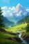 illustration of idyllic summer landscape with river, forest and mountains, beautiful nature scenery
