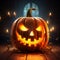 illustration of illuminated halloween pumpkin with threatening face , generated by AI