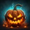 illustration of illuminated halloween pumpkin with threatening face , generated by AI