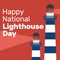 Illustration of illuminated lighthouses and happy national lighthouse day on red background