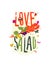 Illustration with the inscription love salad. Vector. Pattern from eco products. Image for a smoothie bar menu or a vegetarian