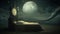 Illustration of insomnia, bed with clock in a nightime dreamy scene with moon