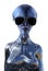 Illustration of an interesting looking blue skin female alien looking forward smiling with sunglasses on a white background