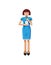 Illustration isolated of European middle-aged woman, brown hair, blue dress, touche screen, girl with smartphone in hand