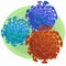 Illustration of isolated orange and blue microscopic cells of coronavirus - SARS-CoV-2 bacteria on green background