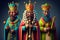 Illustration of isolated three kings men wearing traditional colorful tunics and beautiful crowns while holding wands and gifts.