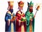 Illustration of isolated three kings men wearing traditional colorful tunics and beautiful crowns while holding wands and gifts.