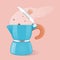 Illustration Italian light blue Moka pot coffee maker on a brown background