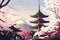 Illustration Japan temple or Asian pagoda, Japanese traditional landmark