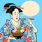 Illustration of Japanese Geisha In Kimono Eating Ramen poster