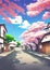 Illustration of a Japanese street with blossoming cherry blossoms