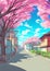 Illustration of a Japanese street with blossoming cherry blossoms