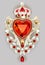 Illustration of a jewelry gold  brooch in the shape of a heart in a crown with pearls and precious stones