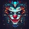 An illustration of a joker or a clown face with cyberpunk artwork.