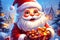 Illustration of jolly Santa Claus with Red Gifts winter landscape in the background.Valentine\\\'s Day banner with space