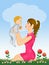 Illustration of joyful mother with baby