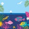 Illustration  with jungle exotic leaves, colors fishes, seaweed, marine life