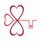 Illustration of a key and two hearts. Symbol of luck leaf clover
