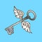 Illustration of the key with wings. Silver key with flying angel wings.