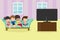 Illustration of kid watching TV, Little boy and girl watches television.