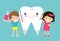 Illustration of Kids Brushing a Tooth,Little children take care of and clean a large, smiling tooth. cartoon characters