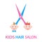 Illustration of kids hair salon logo. kids faces with scissors