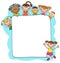 Illustration of kids peeping behind placard