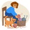 Illustration Knitting, a woman in glasses sorts out balls of yarn in a basket and a ginger cat playing with a ball of yarn.
