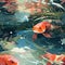 Illustration of koi fish swimming with flowers, painterly landscapes (tiled)