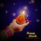 Illustration of lady holding burning Diya on Diwali Holiday background