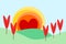 Illustration of a landscape in flat design cartoon in sunrise symbol. Landscape form hearts for Valentine`s Day.