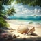 An illustration of a landscape with seashells on tropical beach