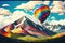 An illustration of a large multi-colored balloon flying over the mountains. Generative AI