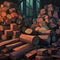 Illustration of a large pile of firewood in a dark room