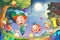 Illustration: Let\'s Go Catching the FireFlies! Happy Little Friends Playing Together Run into the Amazing Night.