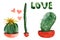 Illustration lettering love hearts and cactus.