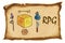 Illustration. Letters `RPG`, hexagonal dice for board, dnd, or tabletop games, crystals, bottle with magic potion, chest, knife,