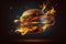 illustration of levitating burger on fire on black background, Generative AI