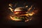 illustration of levitating burger on fire on black background, Generative AI