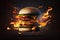 illustration of levitating burger on fire on black background, Generative AI