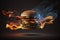 illustration of levitating burger on fire on black background, Generative AI